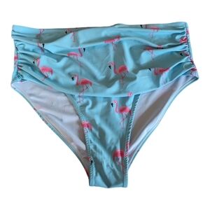 ⭐NANU Teal w/Pink Flamingos Ruched Front Bikini Bottoms Size 3X EUC